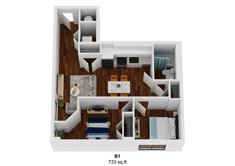 a stylized 3d floor plan of a 2100 sq ft house